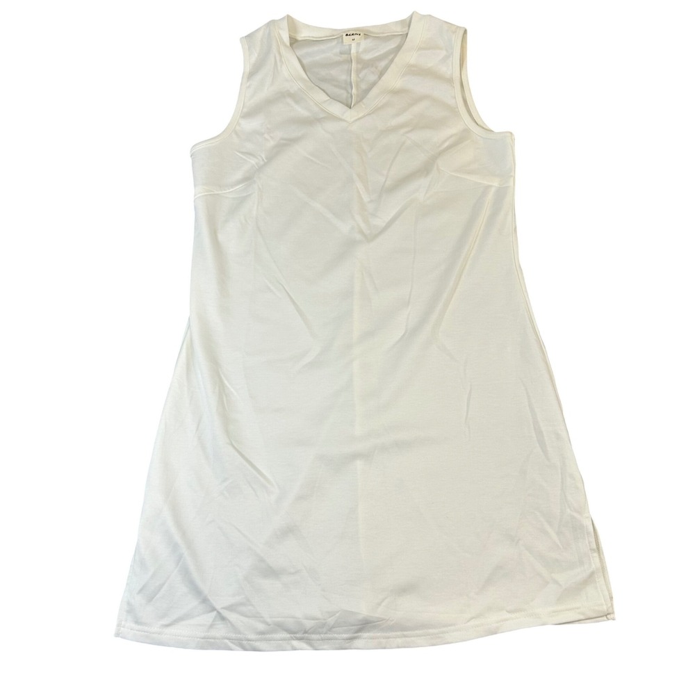 BKRIVE Womens White Sleeveless V-Neck A-Line Mini Dress Medium Stretch Solid